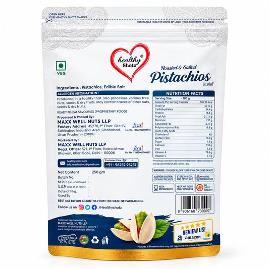 Healthy Shotz Roasted and Salted Pistachios (California 250gm)